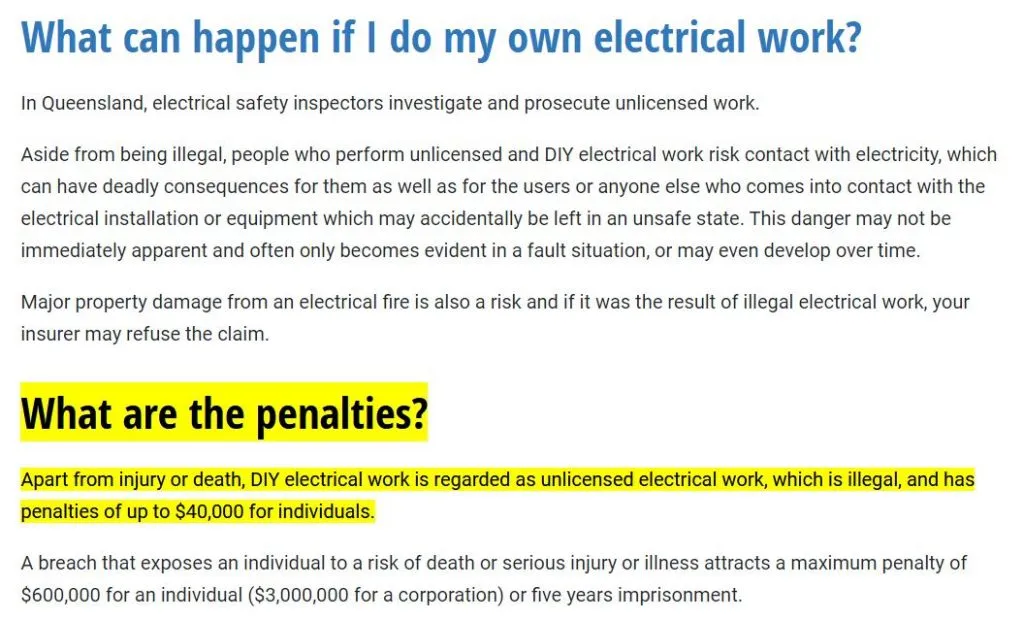 What are the penalties for unlicensed electrical work